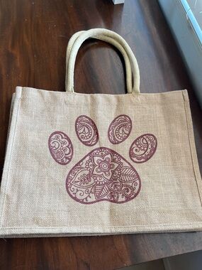 Source Unknown Natural Jute Tote with Maroon Paisley Paw Graphic